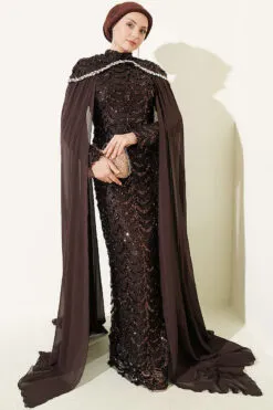 Embroidered Necklace with Beaded Detailing and Cape-Style Evening Dress Brown