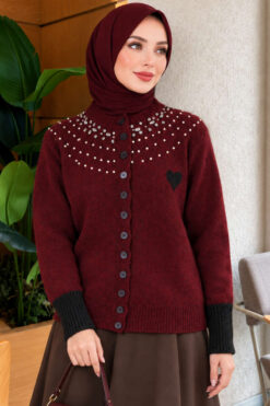 Neckline Beaded Heart Patterned Knit Cardigan Burgundy