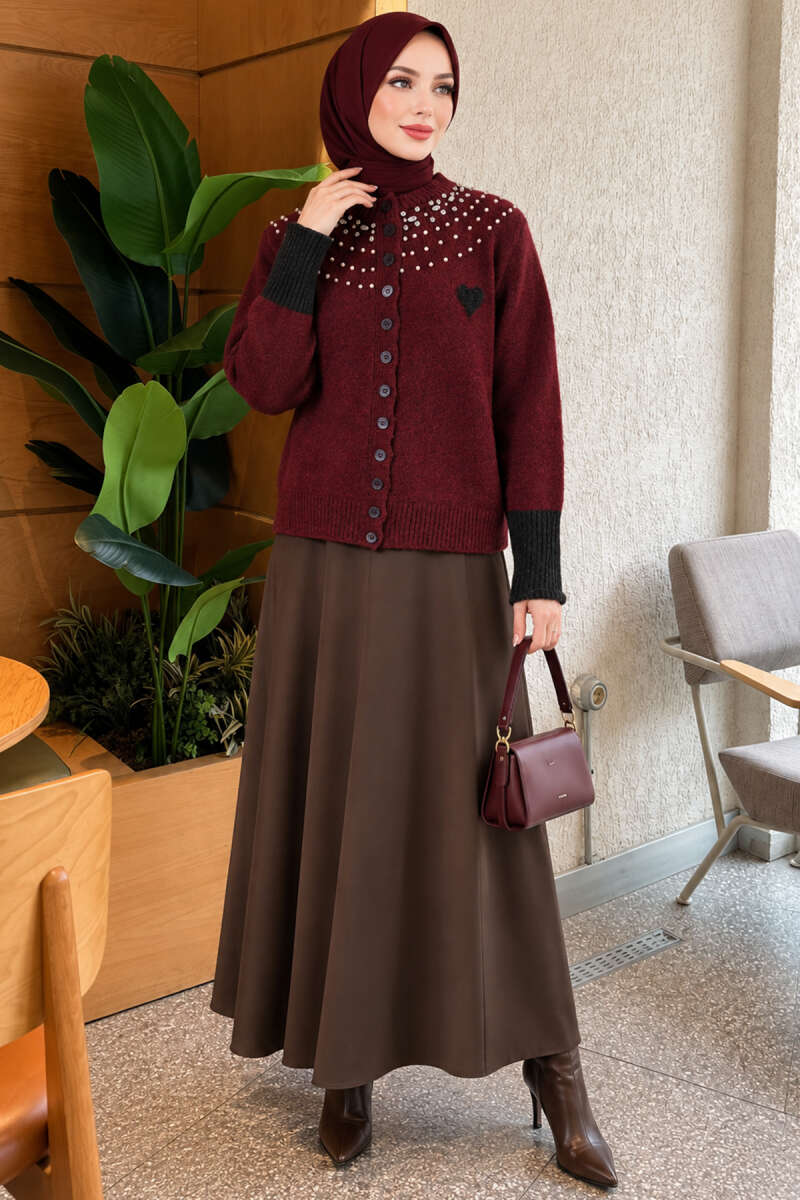 Neckline Beaded Heart Patterned Knit Cardigan Burgundy - immagine 2