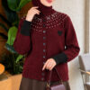 Neckline Beaded Heart Patterned Knit Cardigan Burgundy - immagine 3