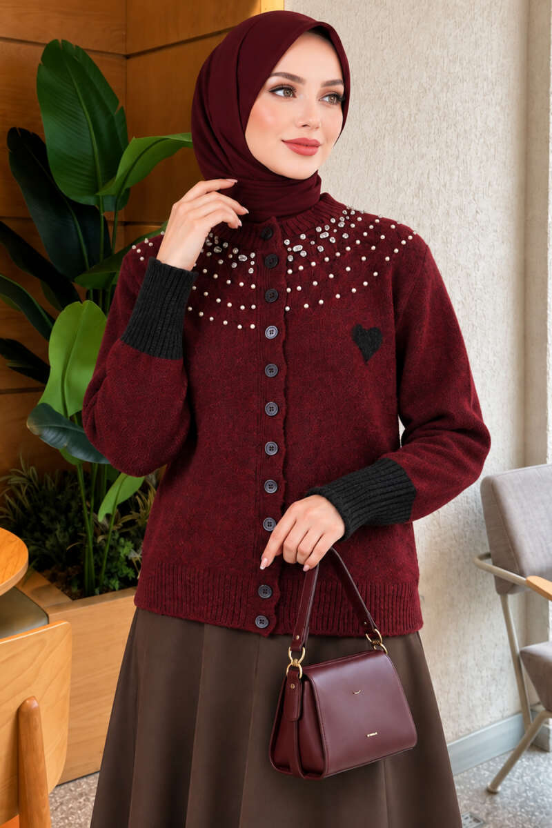Neckline Beaded Heart Patterned Knit Cardigan Burgundy - immagine 3