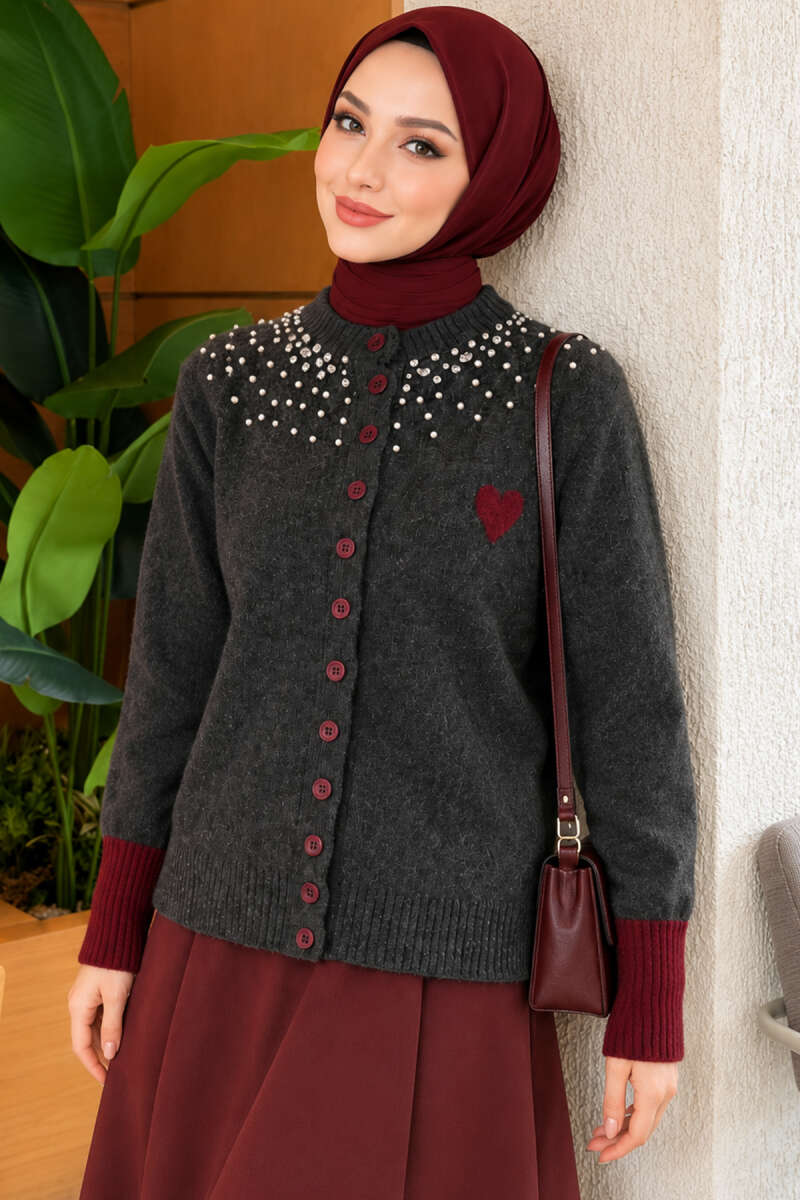 Neckline Beaded Heart Patterned Knit Cardigan Smoke