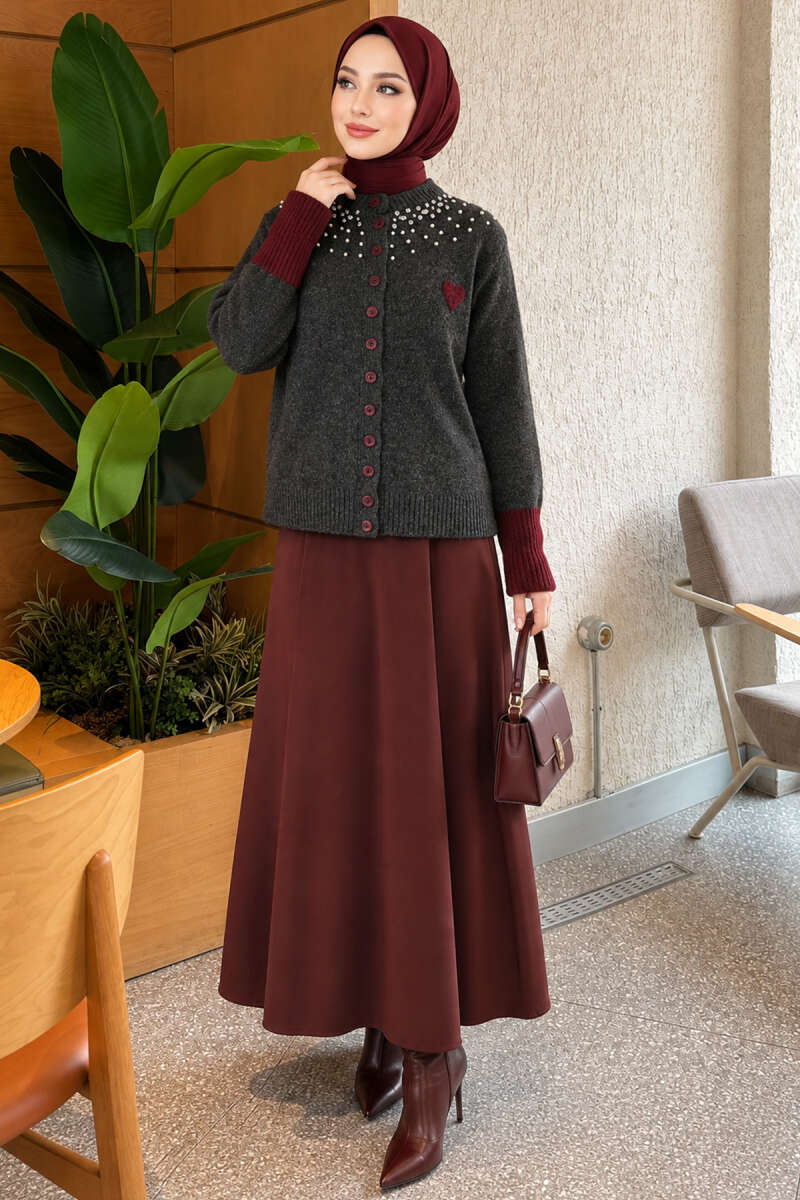 Neckline Beaded Heart Patterned Knit Cardigan Smoke - immagine 2
