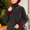 Neckline Beaded Heart Patterned Knit Cardigan Smoke - immagine 3