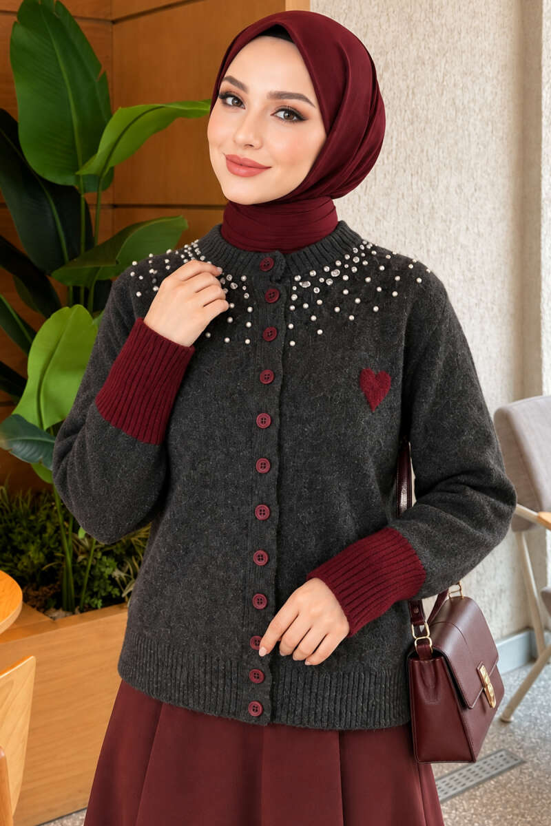 Neckline Beaded Heart Patterned Knit Cardigan Smoke - immagine 3