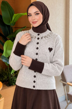 Neckline Beaded Heart Patterned Knit Cardigan Grey