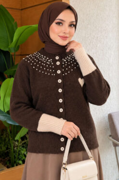 Neckline Beaded Heart Patterned Knit Cardigan Brown