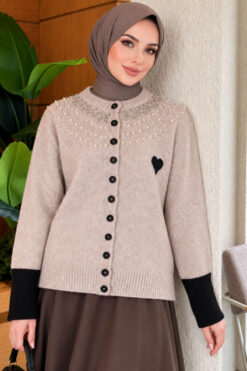 Neckline Beaded Heart Patterned Knit Cardigan Stone