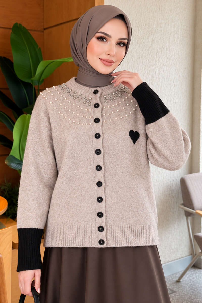 Neckline Beaded Heart Patterned Knit Cardigan Stone - Image 3