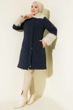 Alternative view of Fleece-Lined Quilted Jacket with Collar and Cuffs Navy Blue