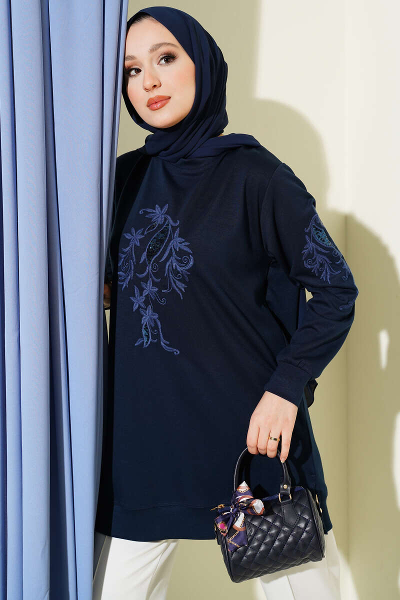 Embroidered Sequin Tunic Navy Blue