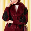 Fur-Collared Honeycomb Pattern Knit Cardigan Burgundy - Afbeelding 2