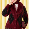Fur-Collared Honeycomb Pattern Knit Cardigan Burgundy
