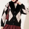 Fur-Collared Honeycomb Pattern Knit Cardigan Black