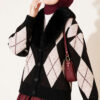 Fur-Collared Honeycomb Pattern Knit Cardigan Black – Bild 4