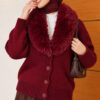 Fuzzy Collar Buttoned Knitted Cardigan Burgundy