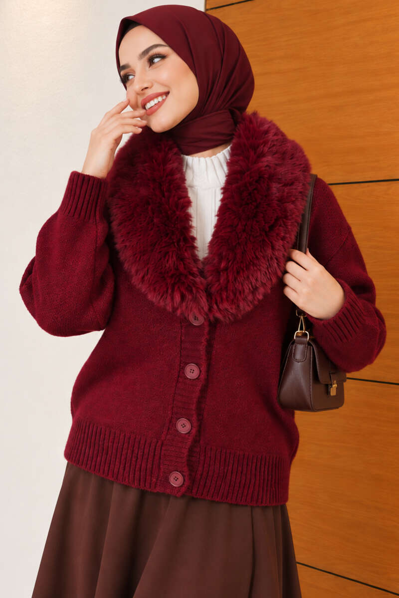 Fuzzy Collar Buttoned Knitted Cardigan Burgundy