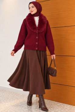 Alternative view of Fuzzy Collar Buttoned Knitted Cardigan Burgundy
