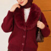 Fuzzy Collar Buttoned Knitted Cardigan Burgundy – Image 3