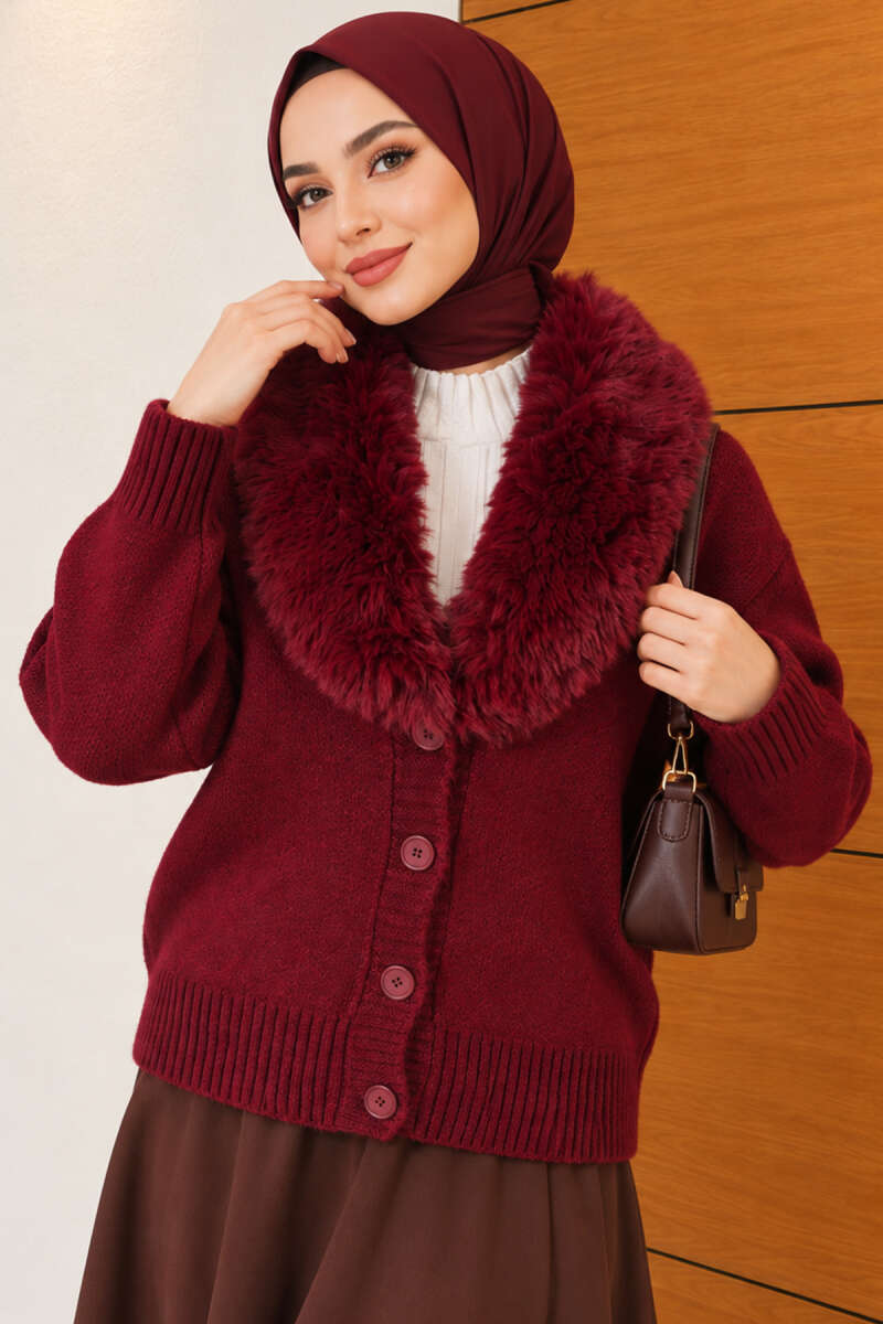 Fuzzy Collar Buttoned Knitted Cardigan Burgundy – Image 3