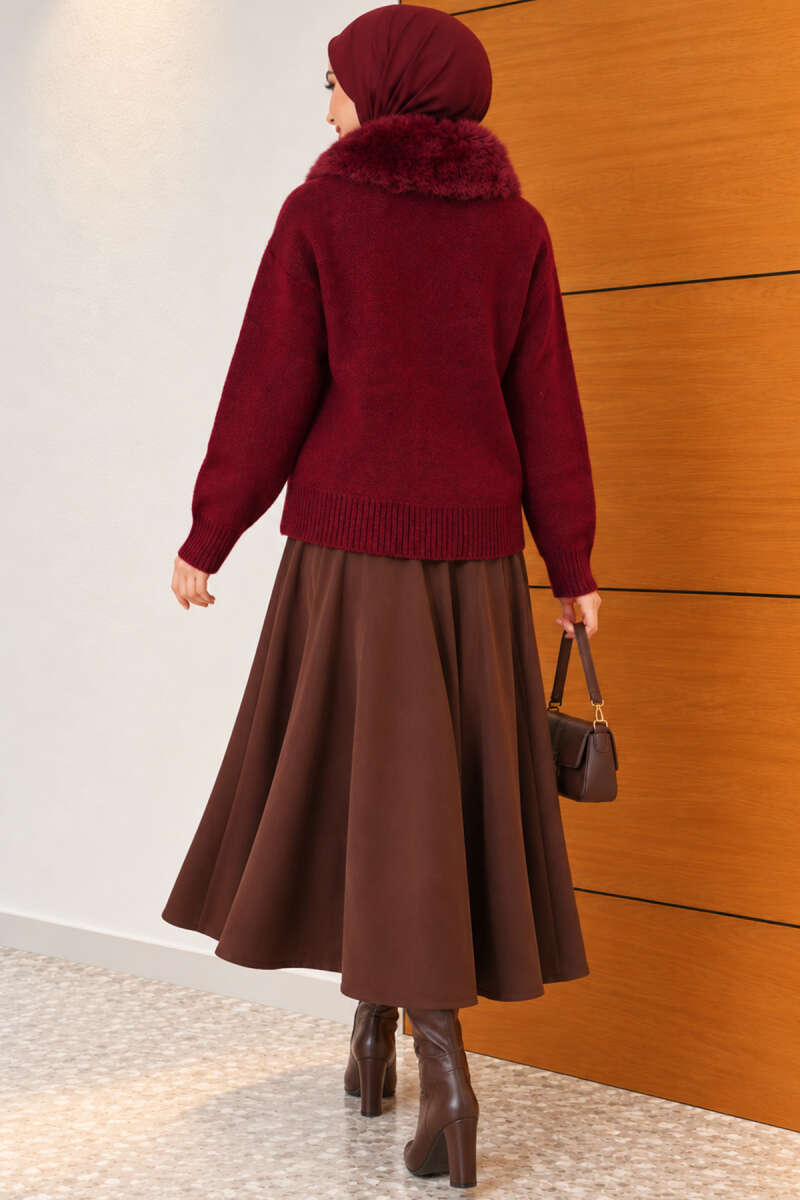 Fuzzy Collar Buttoned Knitted Cardigan Burgundy – Image 4