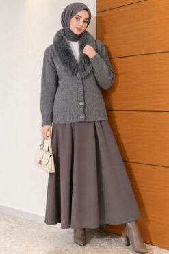 Alternative view of Fuzzy Collar Buttoned Knitted Cardigan Smoke