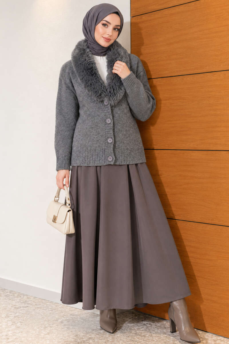 Fuzzy Collar Buttoned Knitted Cardigan Smoke - الصورة 2