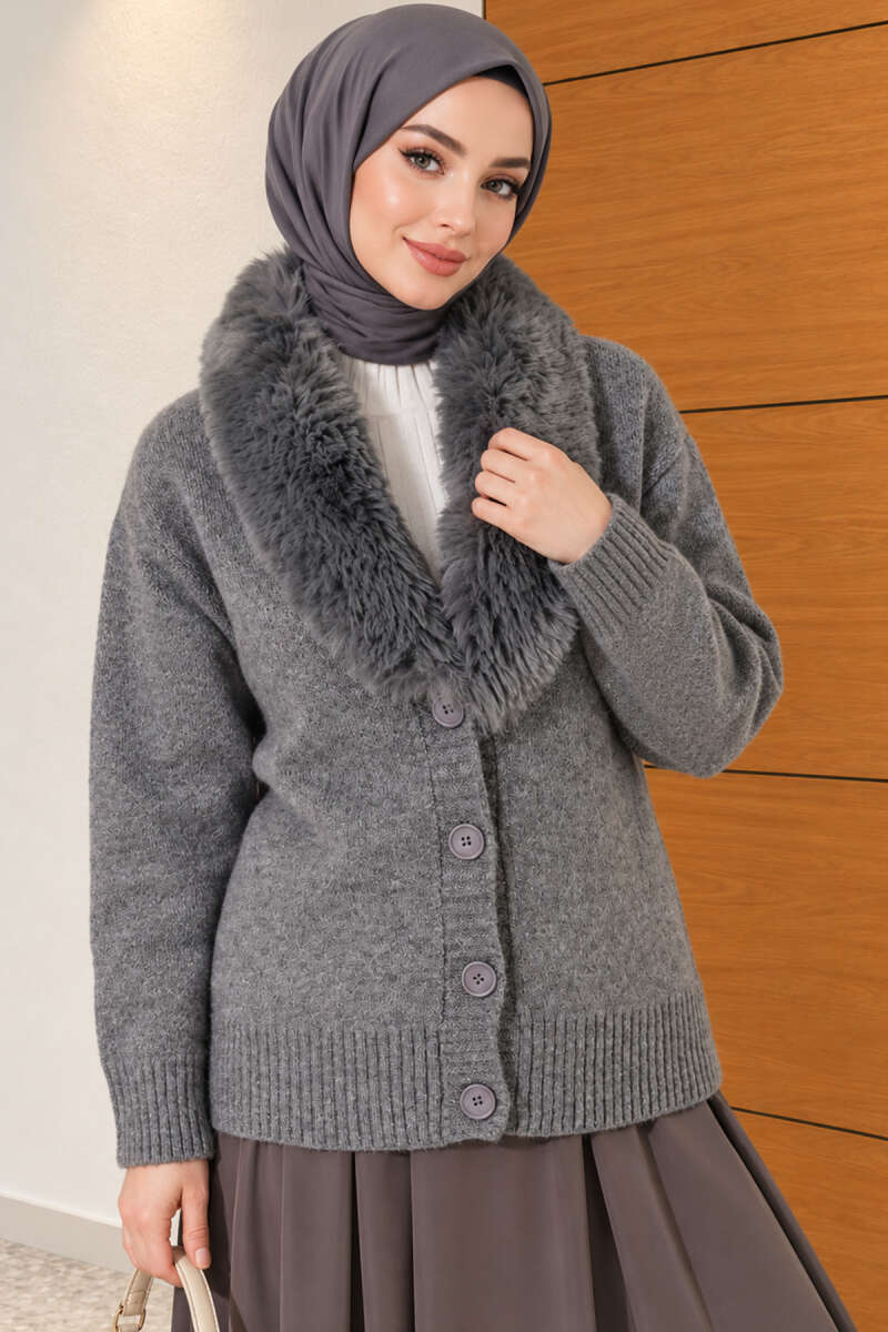 Fuzzy Collar Buttoned Knitted Cardigan Smoke - الصورة 3