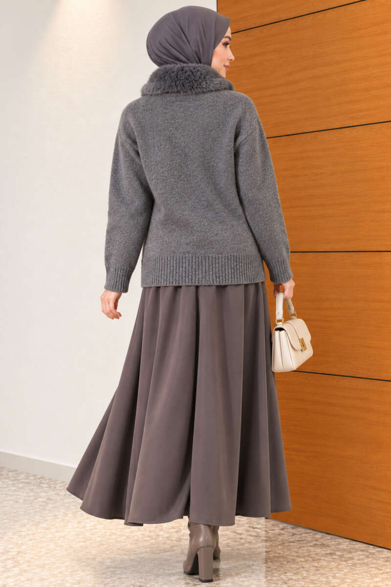 Fuzzy Collar Buttoned Knitted Cardigan Smoke - الصورة 4