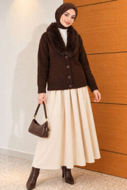 Alternative view of Fuzzy Collar Buttoned Knitted Cardigan Brown
