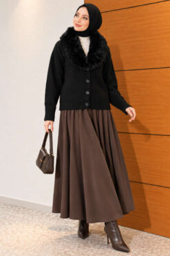 Alternative view of Fuzzy Collar Buttoned Knitted Cardigan Black