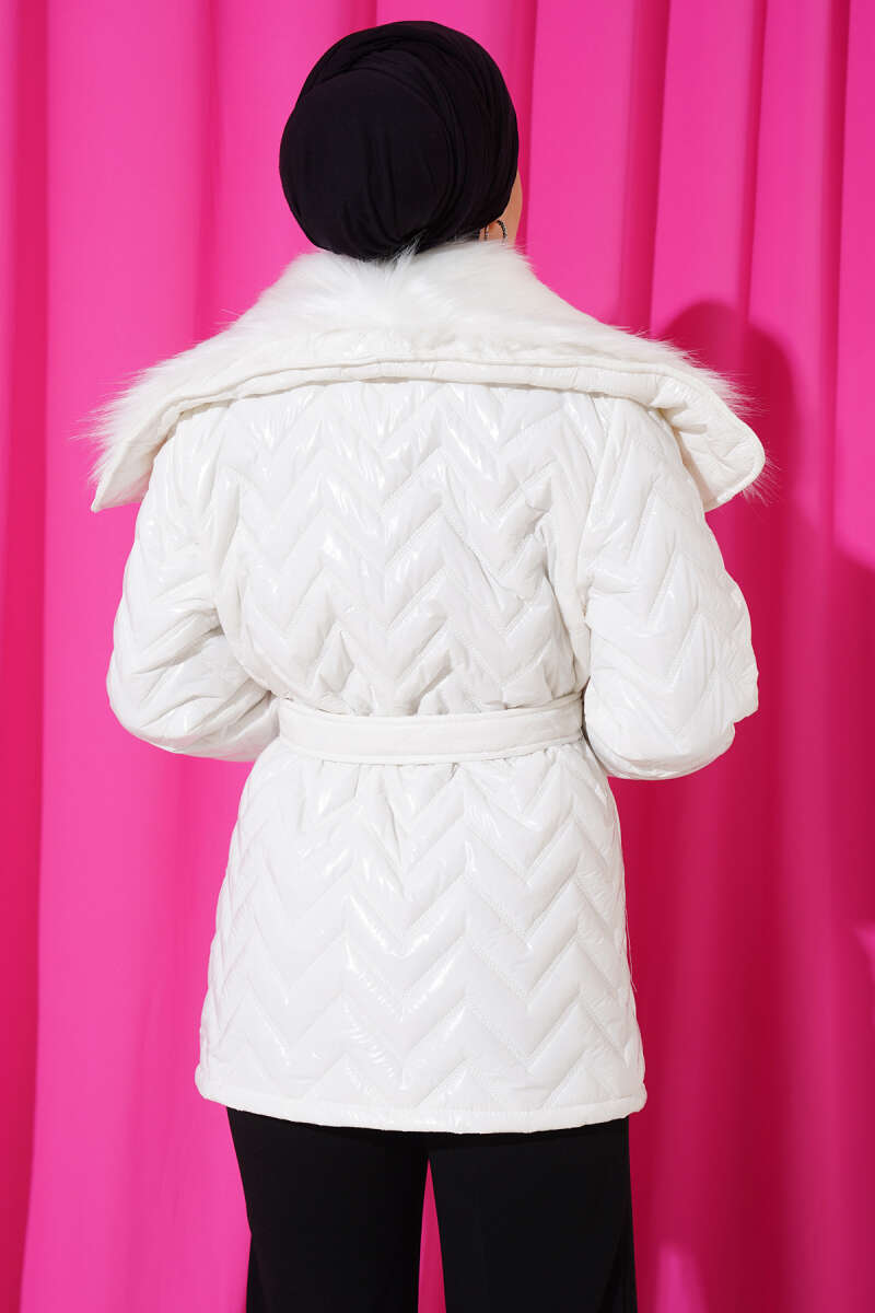 Fur-Collared Shiny Jacket White - الصورة 3