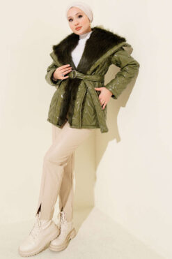 Alternative view of Fur-Collared Shiny Jacket Khaki