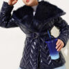Fur-Collared Shiny Jacket Navy Blue