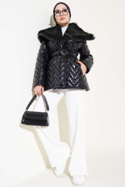 Alternative view of Fur-Collared Shiny Jacket Black