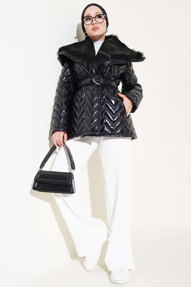 Fur-Collared Shiny Jacket Black – Bild 2