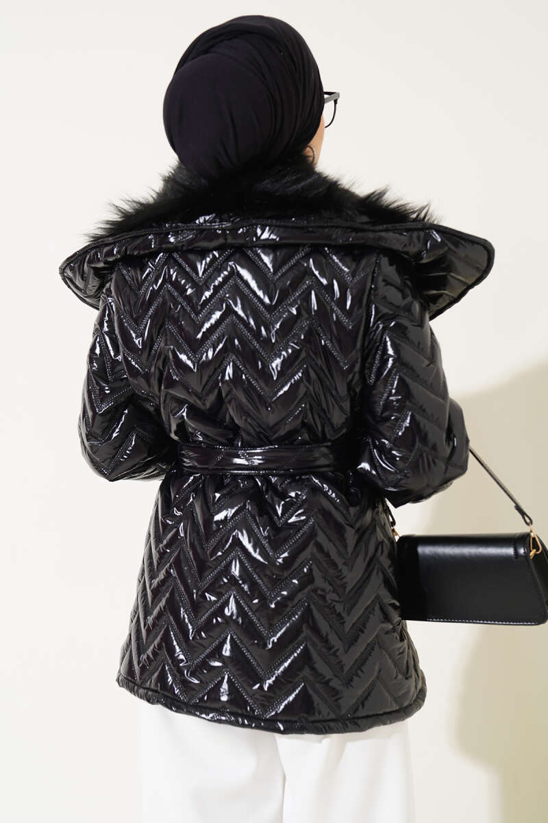 Fur-Collared Shiny Jacket Black – Bild 3