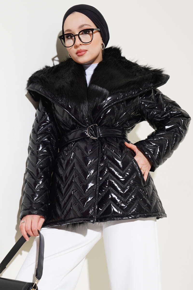 Fur-Collared Shiny Jacket Black