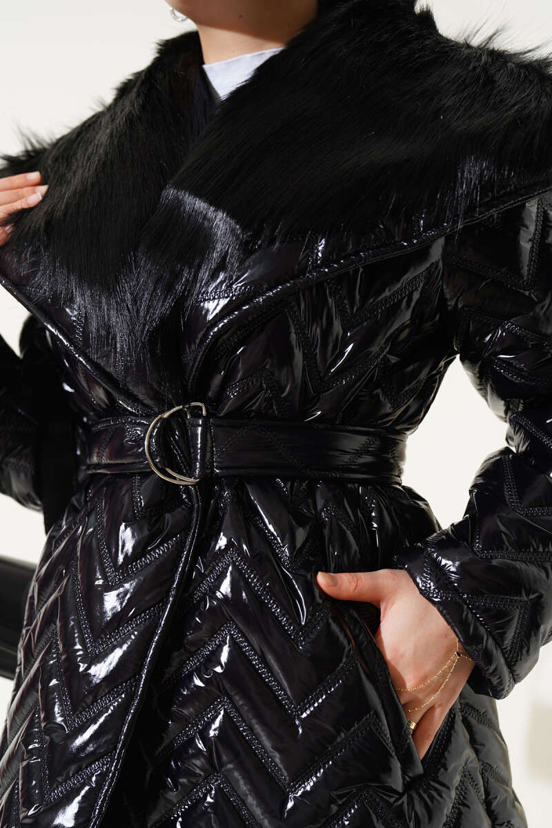 Fur-Collared Shiny Jacket Black – Bild 4