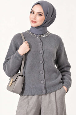 Alternative view of Lace-Trimmed Cardigan with Stone Embellishments Smoke