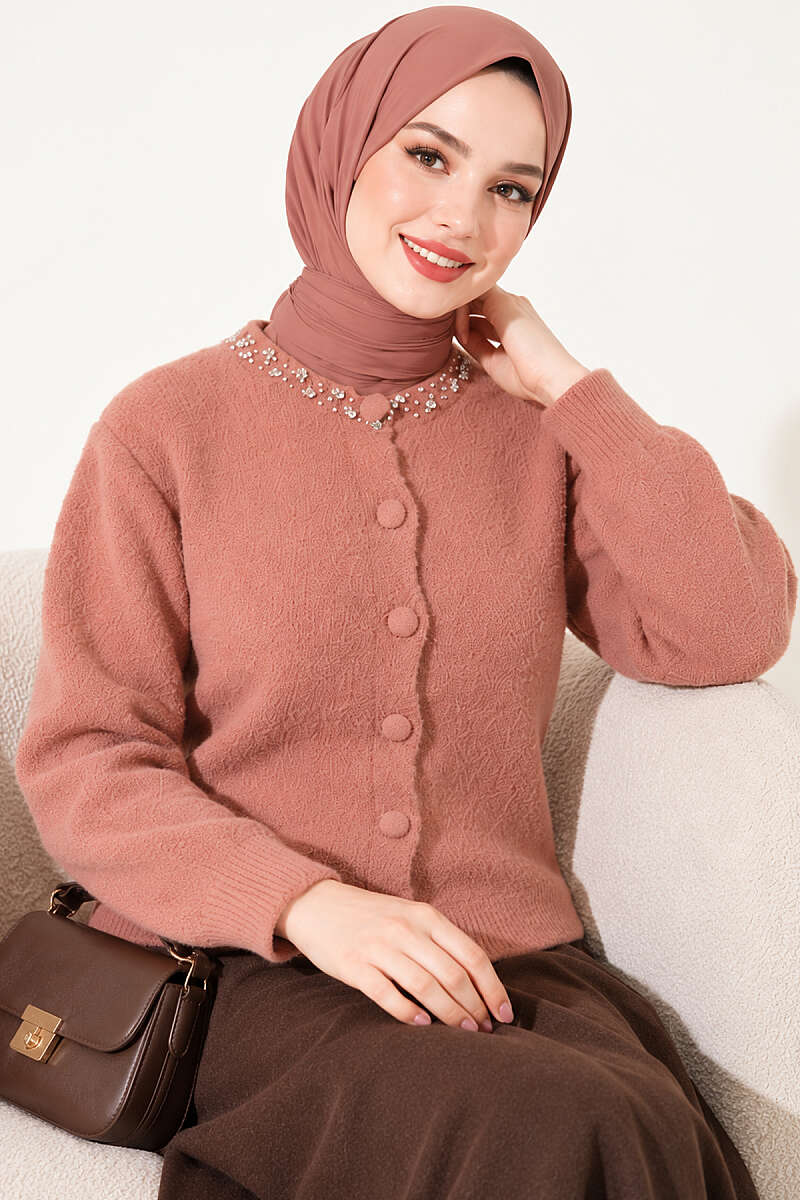 Lace-Trimmed Cardigan with Stone Embellishments Rose Dust