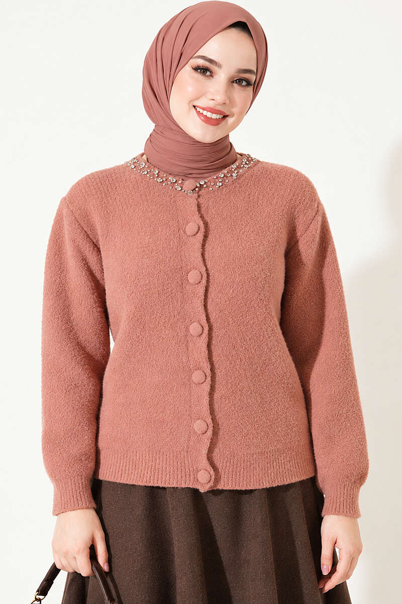 Lace-Trimmed Cardigan with Stone Embellishments Rose Dust – Image 2