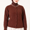 Lace-Trimmed Cardigan with Stone Embellishments Brown – Image 2