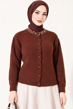 Alternative view of Lace-Trimmed Cardigan with Stone Embellishments Brown