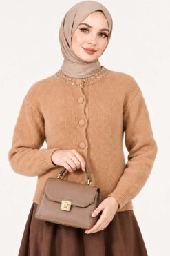 Alternative view of Lace-Trimmed Cardigan with Stone Embellishments Latte