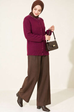 Alternative view of Lace-Trimmed Cardigan with Stone Embellishments Plum