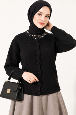 Alternative view of Lace-Trimmed Cardigan with Stone Embellishments Black