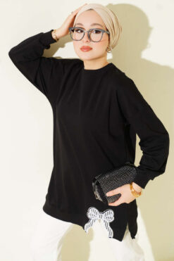 Ribbon Detail Crew Neck Tunic Black