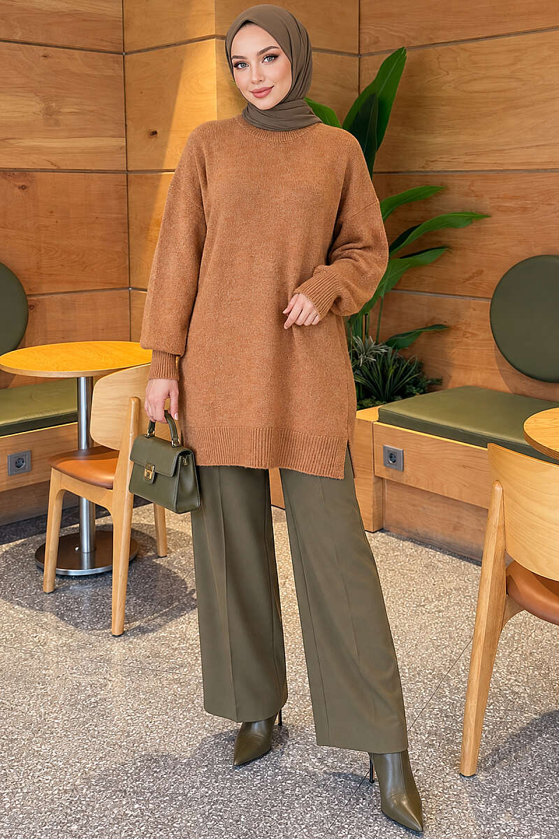Side Slit Soft Long Knit Tunic Mustard - الصورة 2