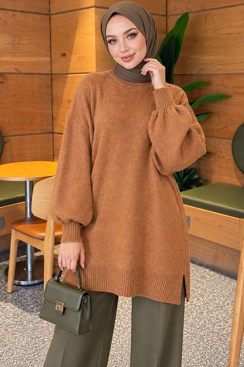 Side Slit Soft Long Knit Tunic Mustard - الصورة 3